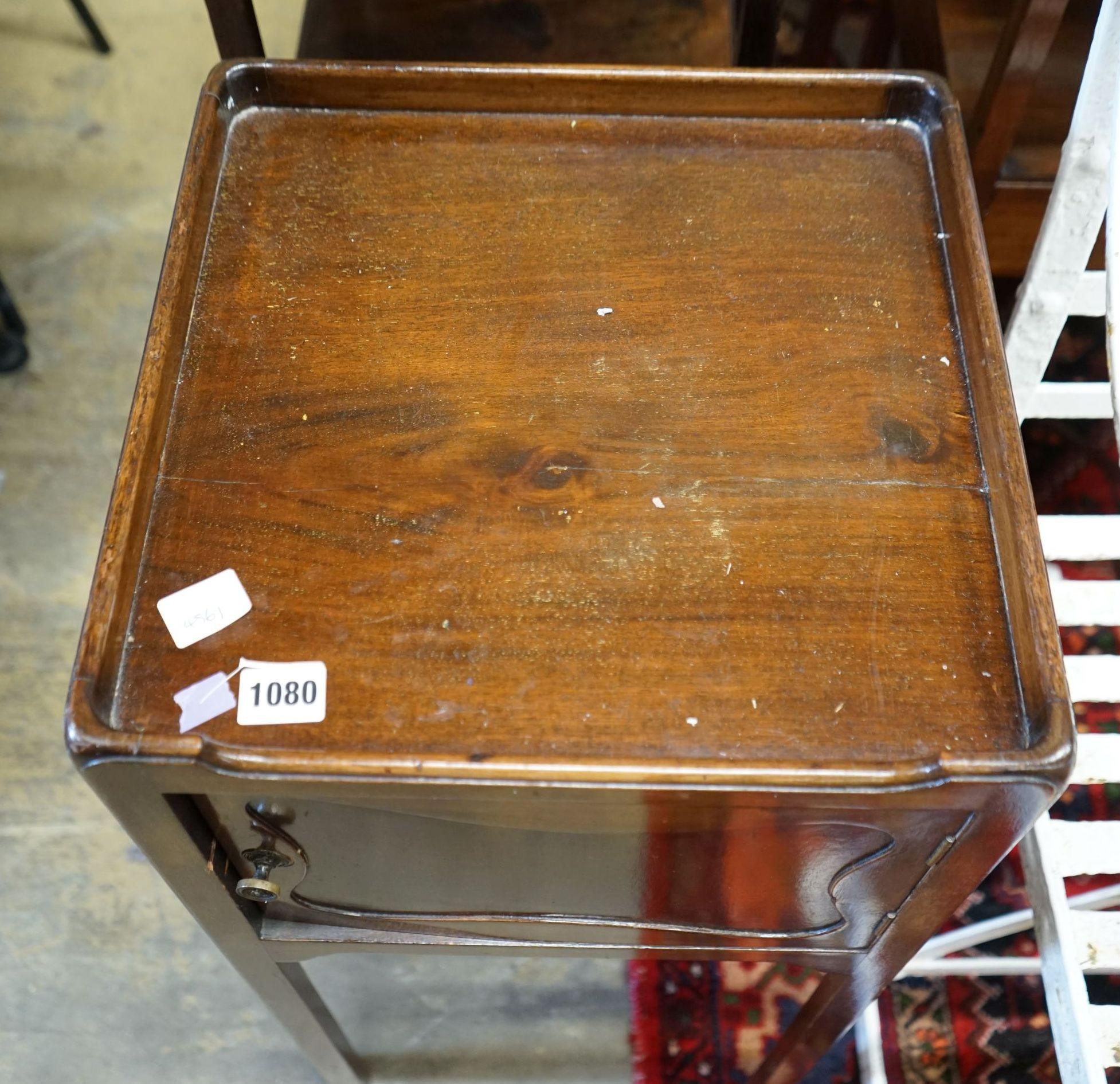 A George III mahogany bedside cabinet, width 35cm, height 75cm.